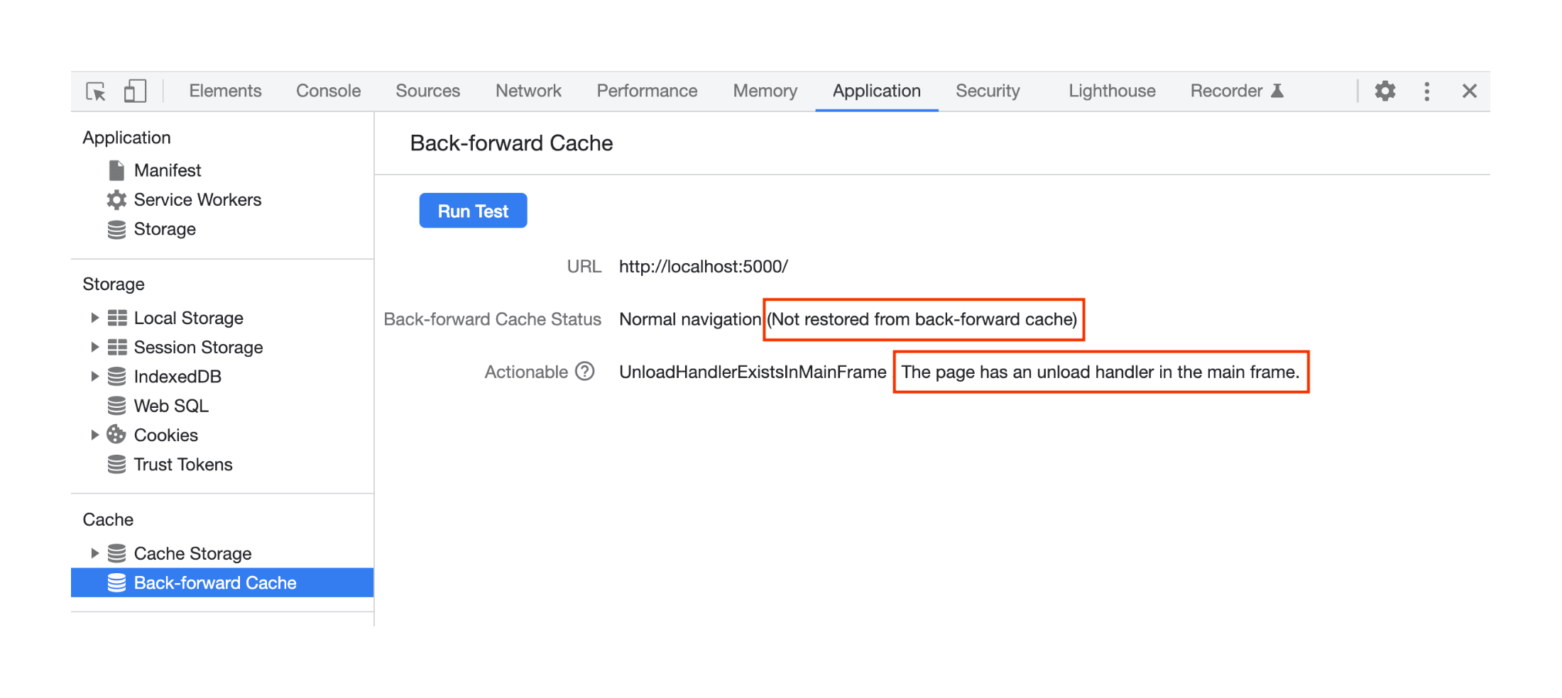 Ukázka nesplnění podmínek pro zapnutí BFcache