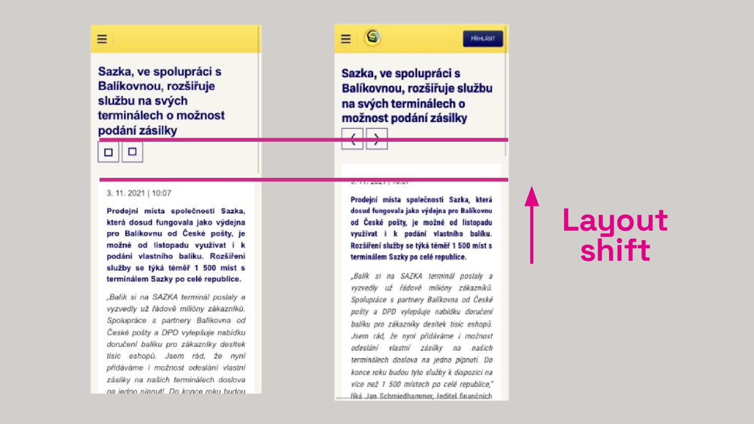 Ukázka CLS způsobeného webovým fontem