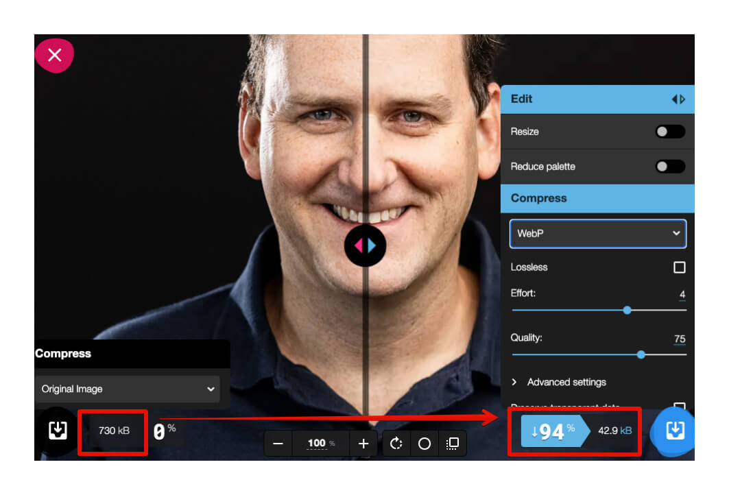 Možná úspora datové velikosti v nástroji Sqoosh