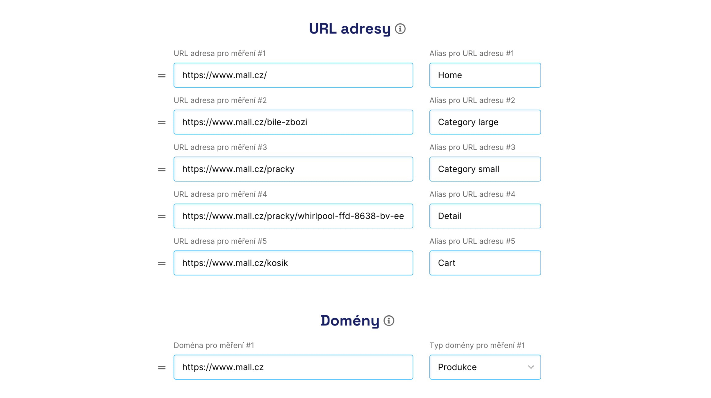 Seznam testovaných URL adres