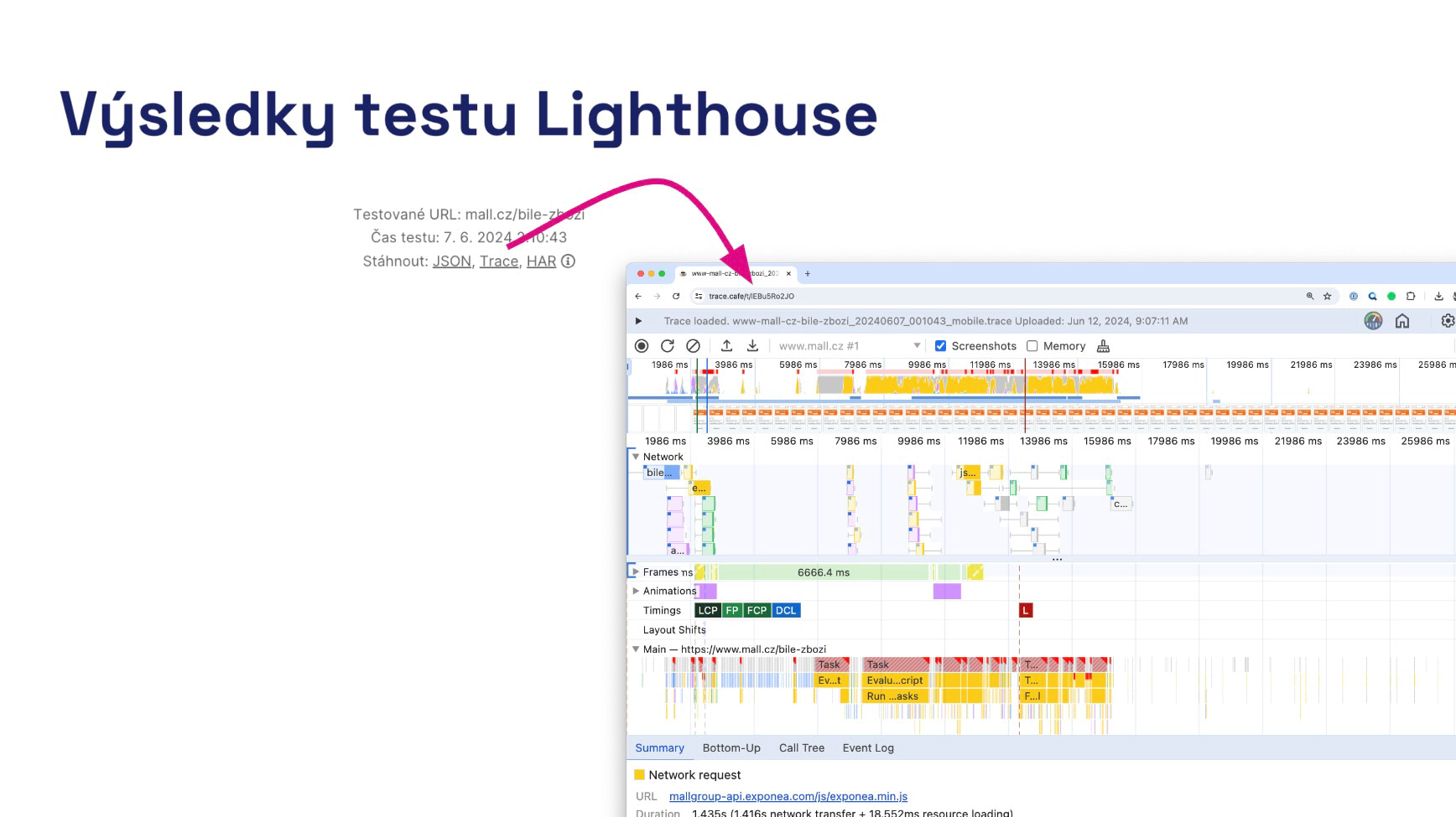 Výsledek testu Lighthouse si můžete stáhnout a otevřít v nástroji Trace.cafe