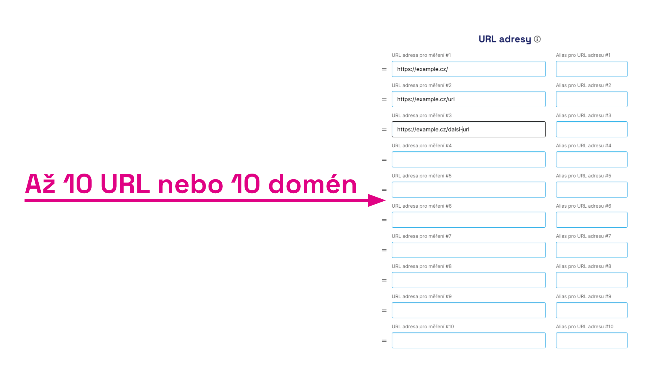 Až 10 URL, pro případ, že máme velké množství unikátních šablon webu.